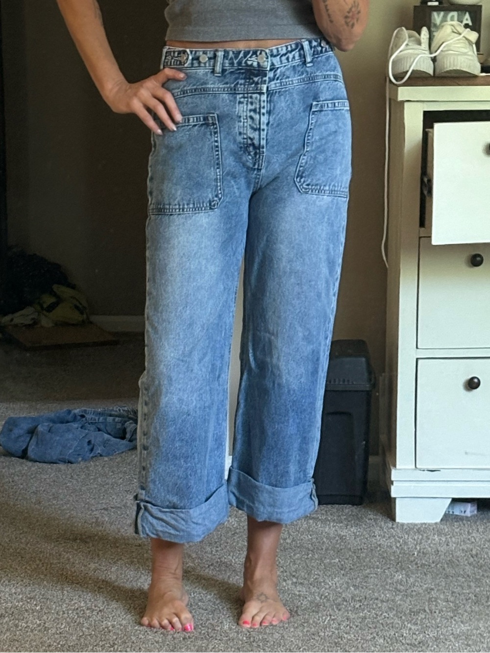 Altar'd State Women's Medium Wash Blue Denim Crop Cuffed Jeans